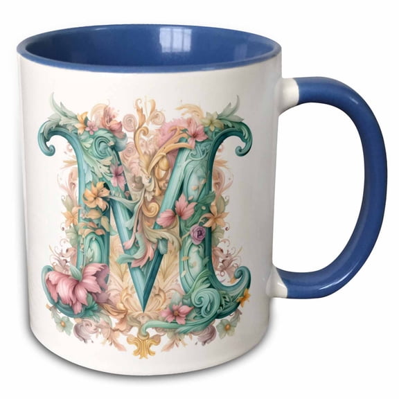3drose, Fancy Floral Flourish Monogram Initial M, 11oz Two-tone Blue Mug