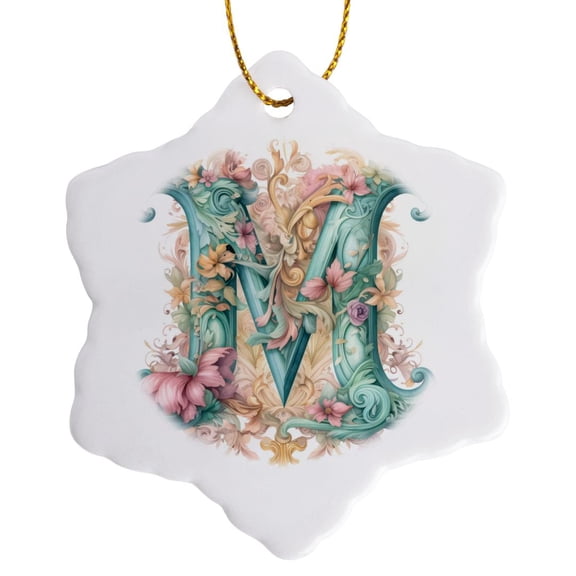 3drose, Fancy Floral Flourish Monogram Initial M, 3 inch Snowflake Porcelain Ornament