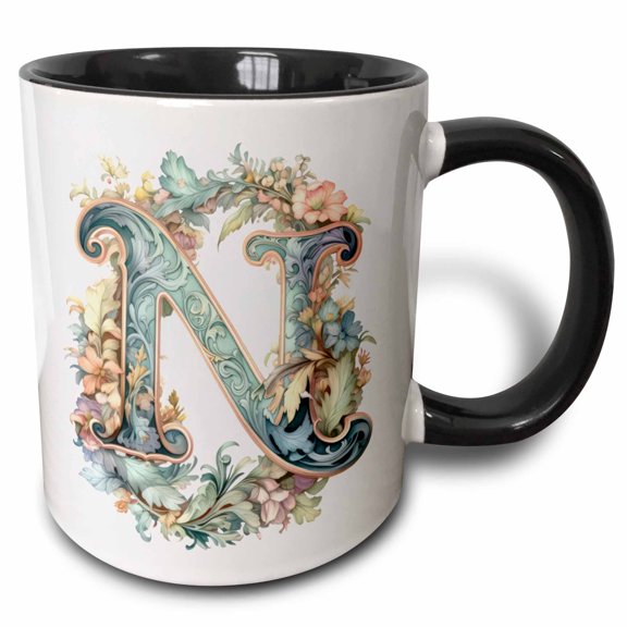 3drose, Fancy Floral Flourish Monogram Initial N, 15oz Two-tone Black Mug