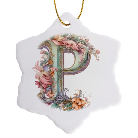 3drose, Fancy Floral Flourish Monogram Initial P, 3 inch Snowflake Porcelain Ornament