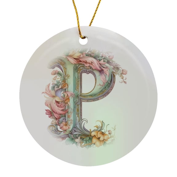3drose, Fancy Floral Flourish Monogram Initial P, Circle Porcelain Ornament