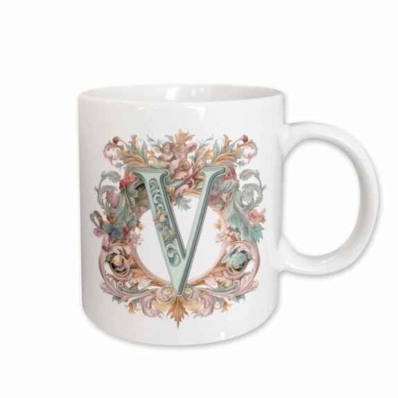 3drose, Fancy Floral Flourish Monogram Initial V, 11oz Mug