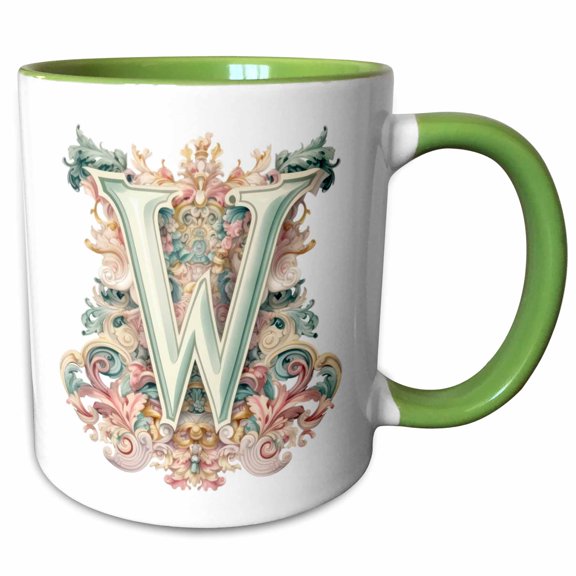 3drose, Fancy Floral Flourish Monogram Initial W, 11oz Two-tone Green Mug