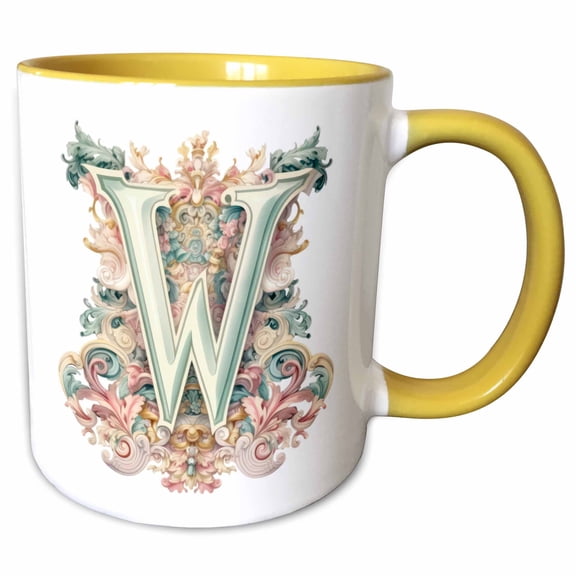 3drose, Fancy Floral Flourish Monogram Initial W, 15oz Two-tone Yellow Mug