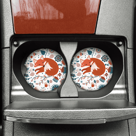 Fancy Fox Orange Animal Nature Ceramic Car Coaster (set of 2) for Car, Boat or Couch