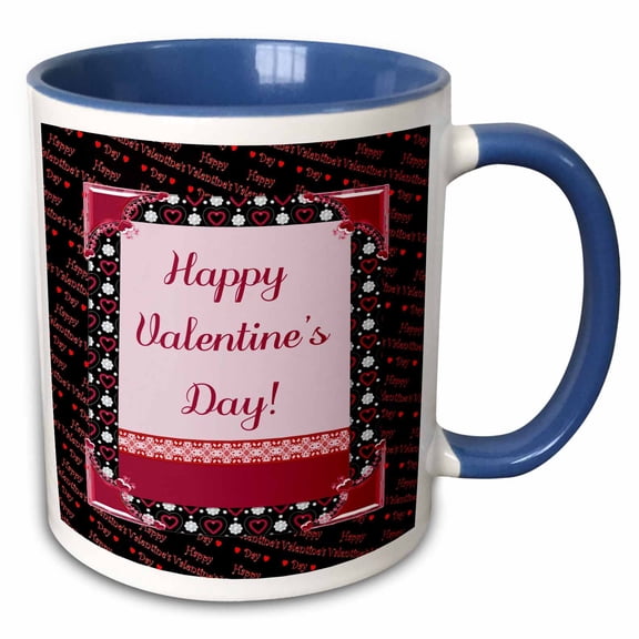 3drose, Fancy Frame, Heart, Flowers, Happy Valentines Day Pink, Black, and Red, 11oz Two-tone Blue Mug