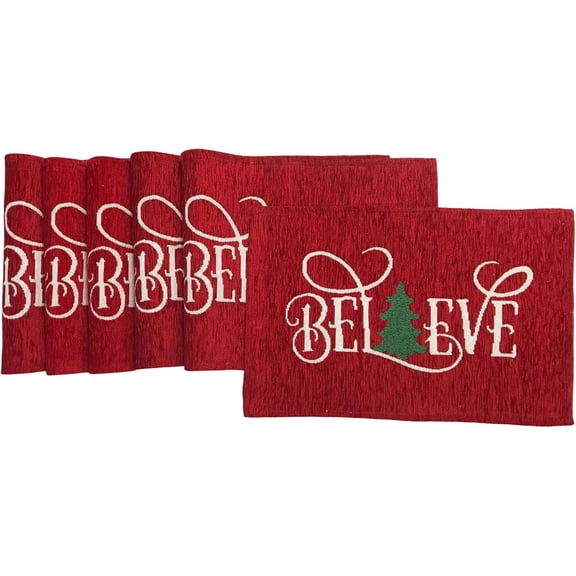 Fancy Fun Chenille Textured Christmas Placemats, Set of Six (6) Tapestry Weave Fabric, for Holiday''s, Christmas, Winter Seasons (Believe)