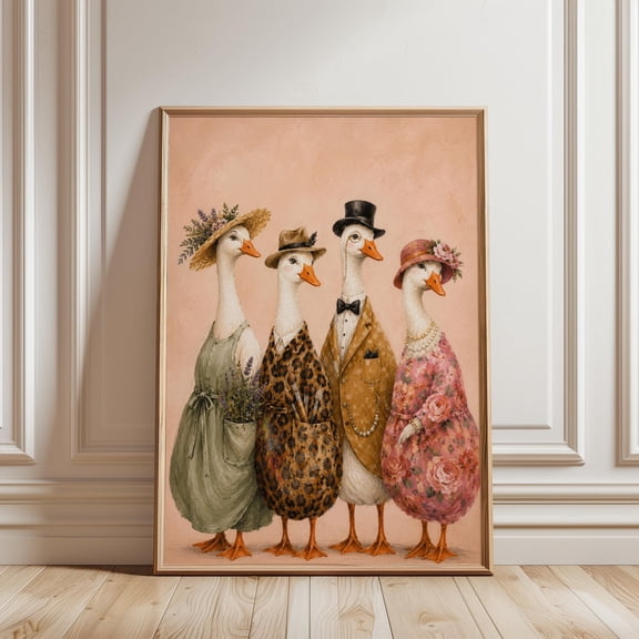 Fancy Geese Poster: Whimsical Animal Portrait, Cottagecore Playful Luxury Wall Art, Poster Only