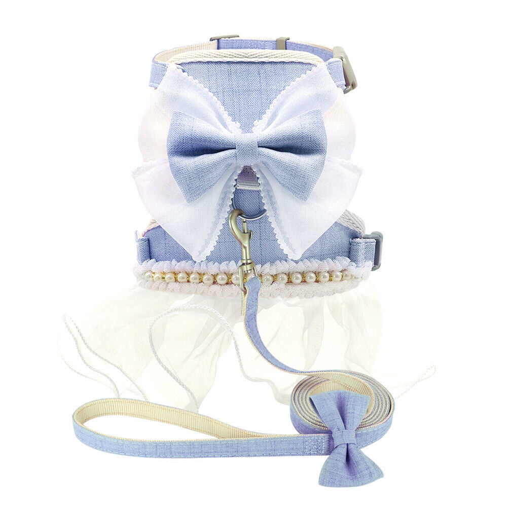 Fancy Girl Dog Dress Harness+Leash Pearl Bowtie Small Pet Puppy Cat