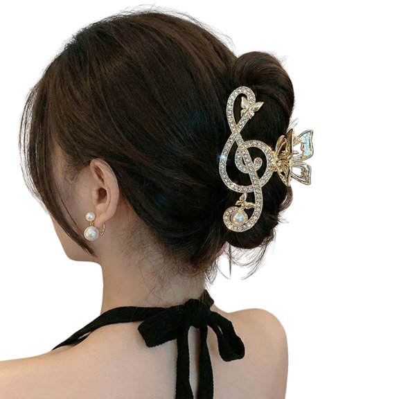 Gold-Tone Treble Clef Hair Clip for Women Rhinestone Music Note Barrette with Butterfly Accents