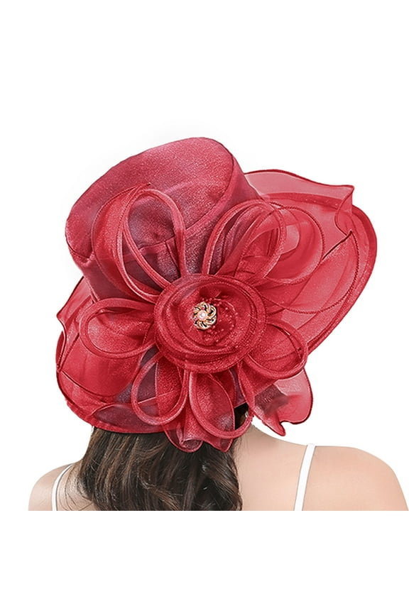 Fancy Hats for Women, Yigetop Organza Church Fascinator Wedding Tea Party Derby Hats for Women Flower Wide Brim Mesh Hat Sunshade Beach Hat Sun Block Hat Dressy Hats for Women Red One Size