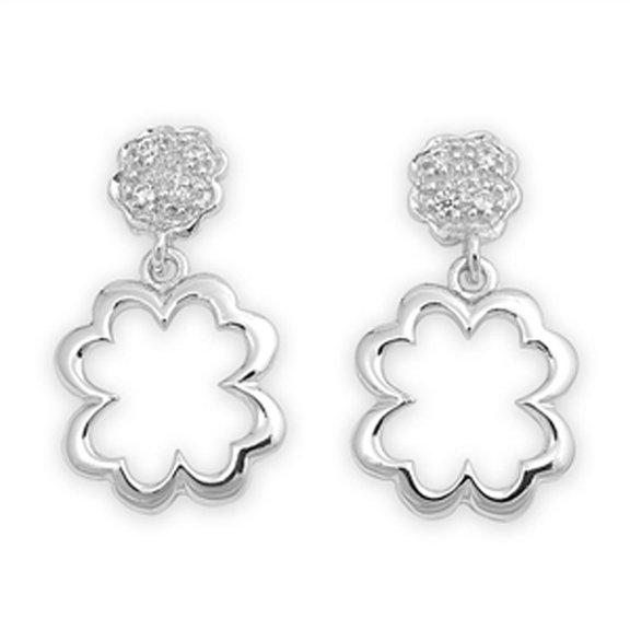 Fancy High Polish Open Shamrock Dangle Four Leaf Clover Clear CZ .925 Sterling Silver Earrings Female