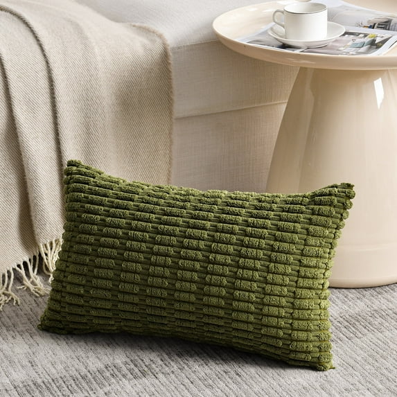 Fancy Homi 1 Pack Boho Moss Green Decorative Throw Pillow Covers 12x20 inch for Couch Bed Sofa, Rustic Modern Farmhouse Home Decor, Soft Plush Corduroy Cute Rectangle Cushion Case 30x50 cm