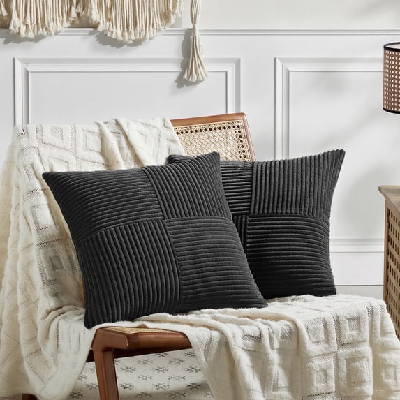 Fancy Homi 2 pcs Black Decorative Throw Pillow Covers 18x18 inch for Living Room Couch Bed Sofa, Rustic Farmhouse Boho Home Decor, Soft Corss Corduroy Patchwork Textured Square Cushion Case 45x45 cm