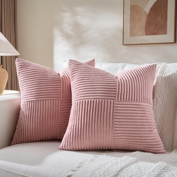 Fancy Homi 2 pcs Blush Pink Decorative Throw Pillow Covers 16x16 inch for Living Room Couch Bed, Rustic Farmhouse Boho Home Decor, Soft Corss Patchwork Corduroy Textured Square Cushion Case 40x40 cm
