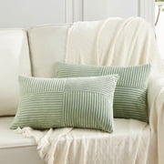 Fancy Homi 2 pcs Sage Green Lumbar Decorative Throw Pillow Covers 12x20 inch for Living Room Couch Bed, Rustic Farmhouse Boho Home Decor, Soft Striped Corduroy Rectangle Accent Cushion Case 30x50 cm