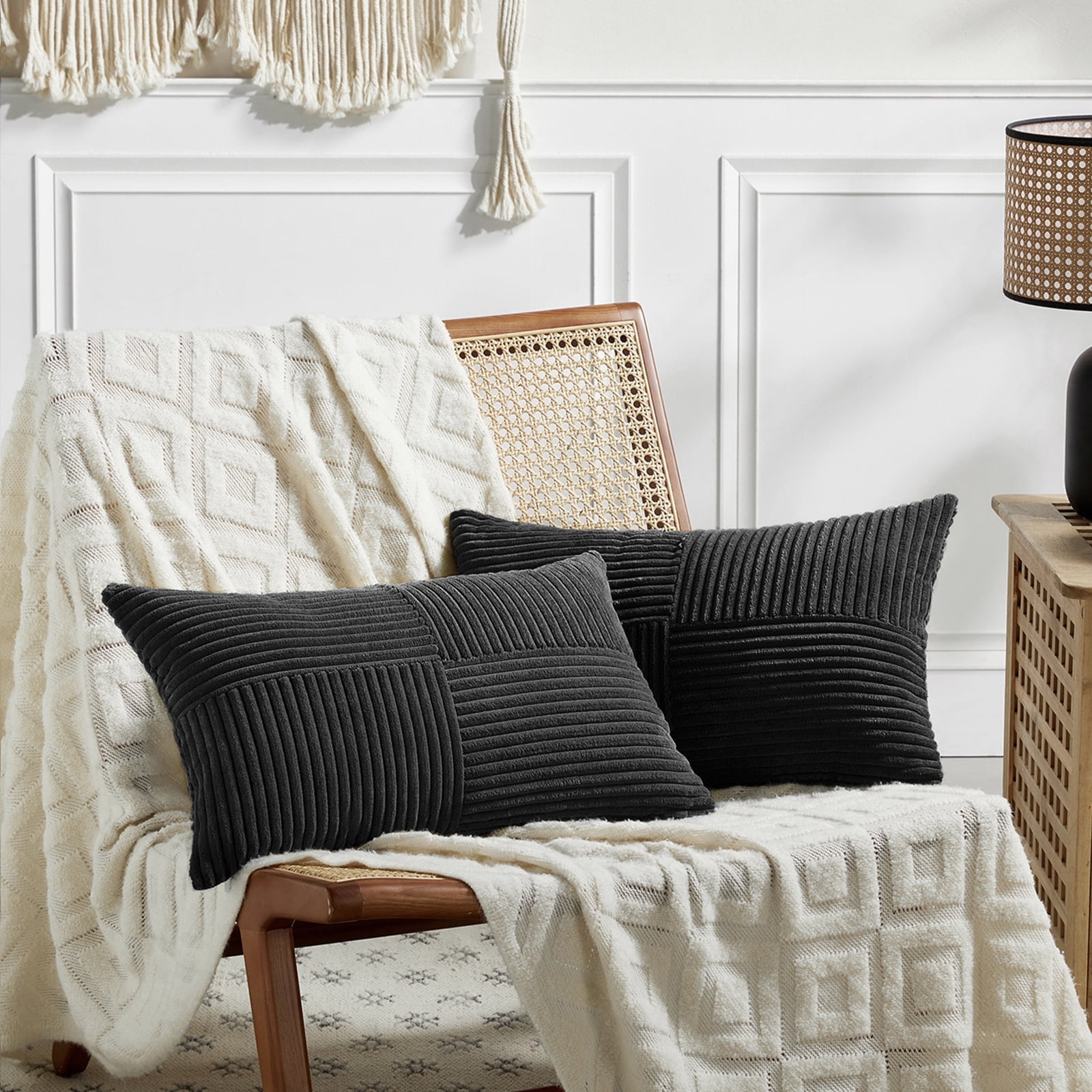 Fancy Homi 2 Packs Black Lumbar Decorative Throw Pillow Covers 14x24 Inch for Couch Bed Sofa, Rustic Farmhouse Boho Home Decor, Soft Striped Corduroy Rectangle Accent Cushion Case 35x60 cm
