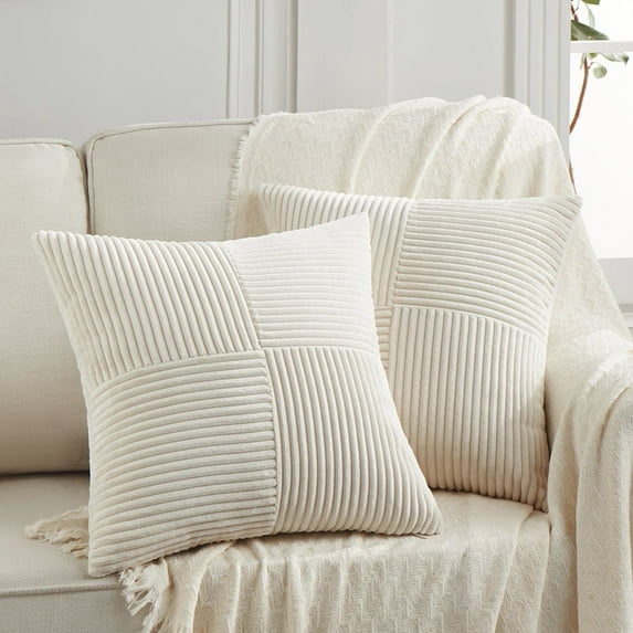 Fancy Homi 2 packs Boho Cream Decorative Throw Pillow Covers 18x18 Inch for Living Room Couch Bed Sofa, Rustic Farmhouse Home Decor, Soft Corduroy Patchwork Textured Square Cushion Case 45x45 cm