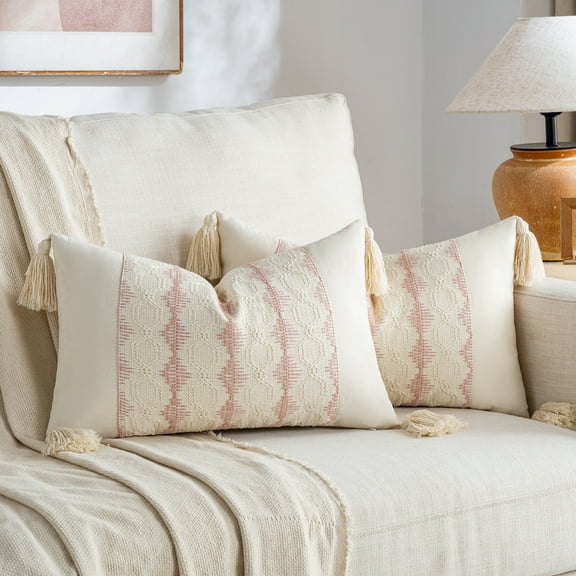 Fancy Homi 2 Packs Boho Pink Lumbar Decorative Throw Pillow Cover 12x20 inch for Couch Bed Sofa Chair, Modern Organic Farmhouse Home Decor, Soft Cotton Cute Accent Rectangle Cushion Case with Tassels