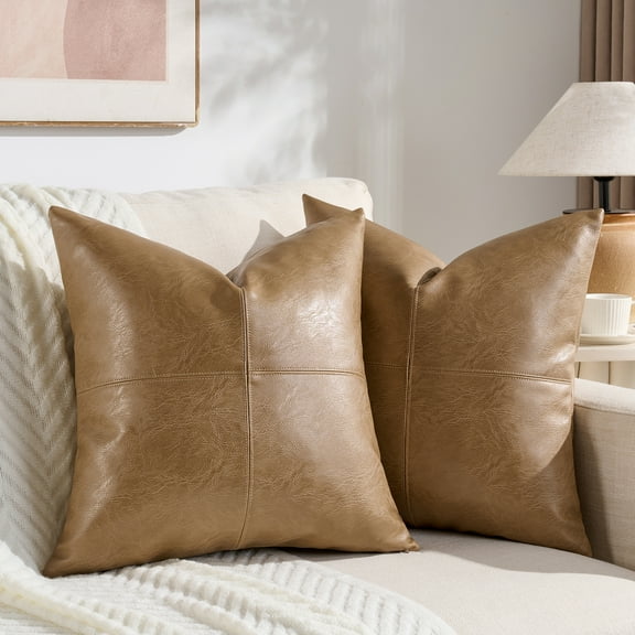 Fancy Homi 2 Packs Brown Boho Lumbar Faux Leather Decorative Throw Pillow Covers 12x20 Inch for Living Room Couch Bed Sofa, Hand Stitched Rectangle Cushion Case, Rustic Modern Farmhouse Home Decor