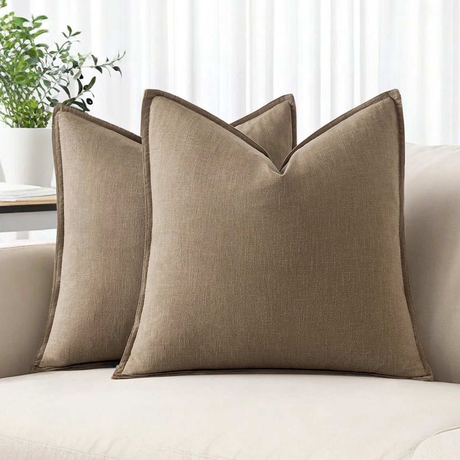 Fancy Homi 2 Packs Coco Brown Decorative Linen Soild Throw Pillow Covers 18x18 Inch for Living Room Couch Bed sofa, soft Square Farmhouse Vintage Cushion Cases Modern Home Décor, 45x45 cm