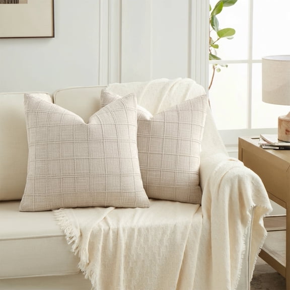 Fancy Homi 2 Packs Cream Boho Linen Check Decorative Throw Pillow Covers 18×18 Inch for Sofa Chair Couch Bedroom Living Room, Neutral Beige Farmhouse Vintage Cushion Cases Modern Home Decor, 45 cm
