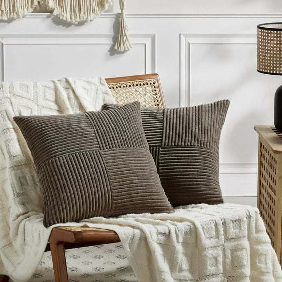 Fancy Homi 2 Packs Dark Brown Big Decorative Throw Pillow Covers 24x24 Inch for Living Room Couch Bed, Farmhouse Boho Home Decor, Soft Corss Corduroy Patchwork Accent Square Cushion Case 60x60 cm