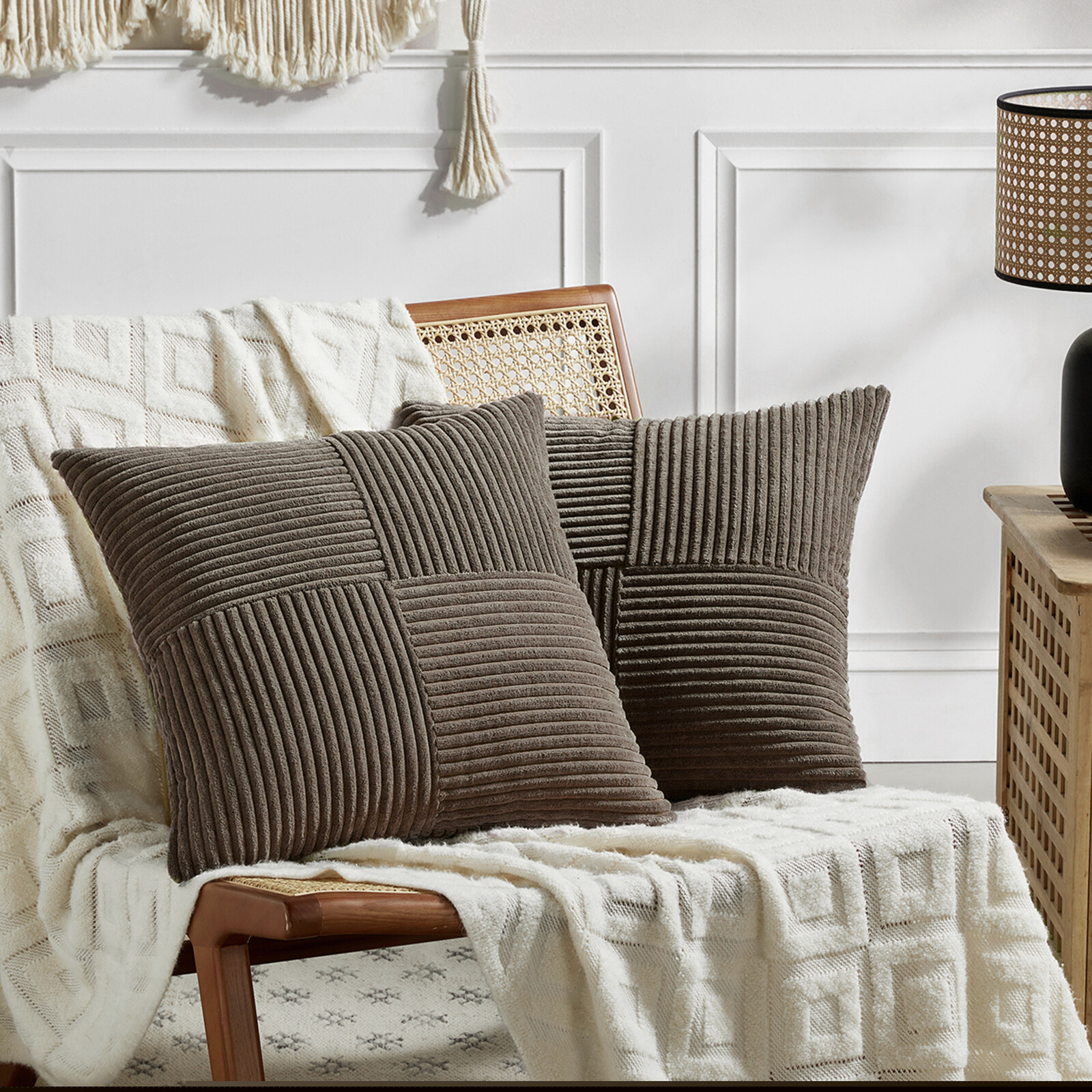 thumbnail image 1 of Fancy Homi 2 Packs Dark Brown Decorative Throw Pillow Covers 18x18 inch for Living Room Couch Bed Sofa, Rustic Farmhouse Boho Home Decor, Soft Corss Corduroy Patchwork Textured Cushion Case 45x45 cm, 1 of 8