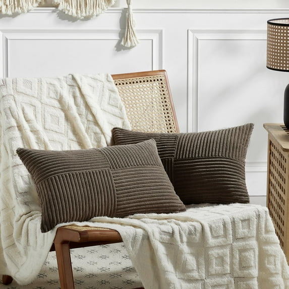Fancy Homi 2 Packs Dark Brown Long Lumbar Decorative Throw Pillow Covers 12x24 Inch for Couch Bed Sofa, Rustic Farmhouse Boho Home Decor, Soft Striped Corduroy Rectangle Accent Cushion Case 30x60 cm