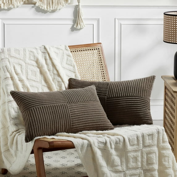 Fancy Homi 2 Packs Dark Brown Lumbar Decorative Throw Pillow Covers 14x24 inch for Couch Bed, Rustic Farmhouse Boho Home Decor, Soft Striped Corduroy Rectangle Accent Cushion Case 35x60 cm