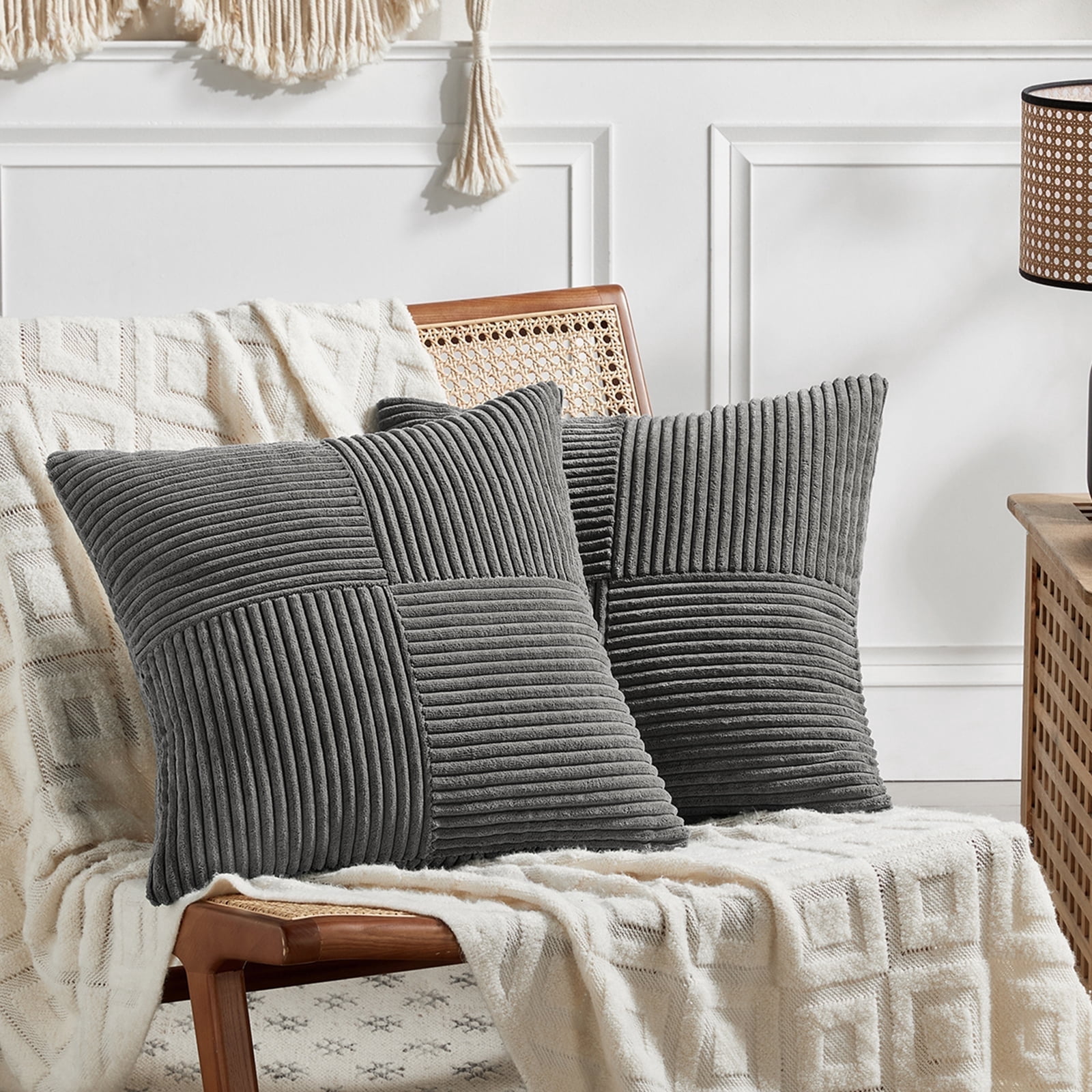 Fancy Homi Packs Dark Gray Big Decorative Throw Pillow Covers 24x24 Inch for Couch Bed Sofa, Rustic Farmhouse Boho Home Decor, Soft Corss Corduroy