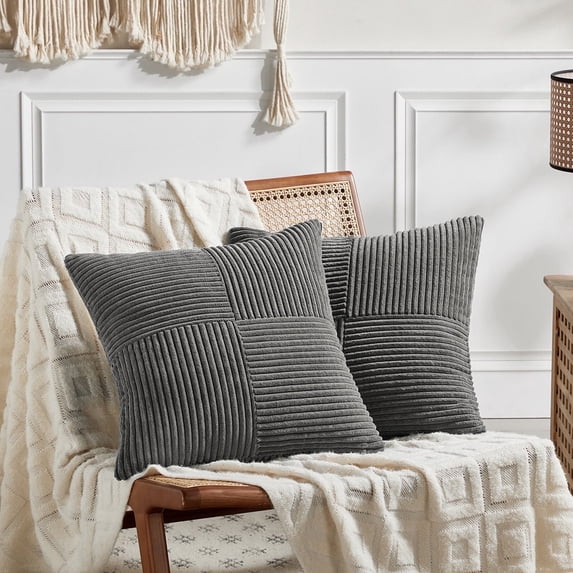 Fancy Homi 2 Packs Dark Gray Decorative Throw Pillow Covers 20x20 inch for Living Room Couch Bed Sofa, Farmhouse Boho Home Decor, Soft Corss Corduroy Patchwork Accent Square Cushion Case 50x50 cm