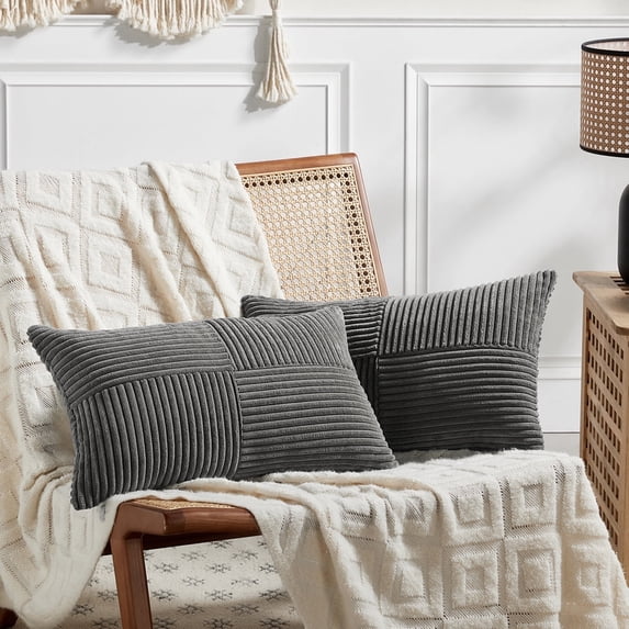 Fancy Homi 2 Packs Dark Gray Lumbar Decorative Throw Pillow Covers 14x24 Inch for Living Room Couch Bed Sofa, Farmhouse Home Decor, Soft Striped Corduroy Rectangle Accent Cushion Case 35x60 cm