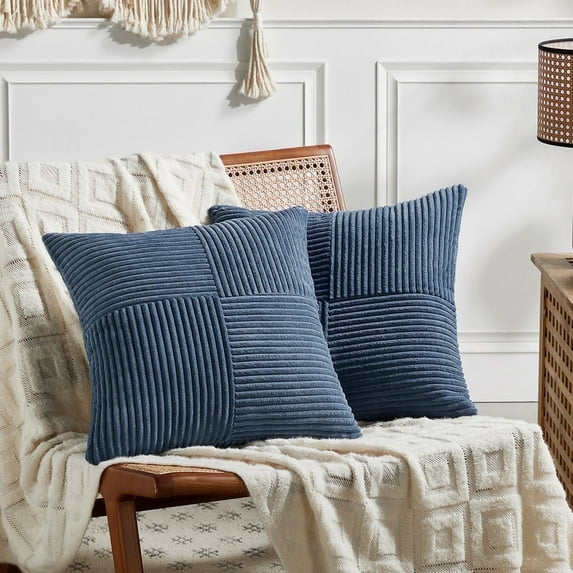Fancy Homi 2 packs Dusty Blue Decorative Throw Pillow Covers 18x18 Inch for Living Room Couch Bed, Farmhouse Boho Home Decor, Soft Corss Corduroy Patchwork Textured Square Cushion Case 45x45cm