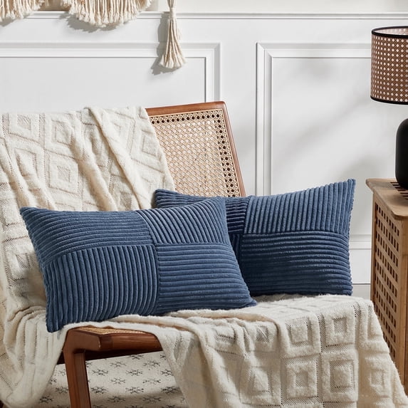 Fancy Homi 2 packs Dusty Blue Lumbar Decorative Throw Pillow Covers 12x20 inch for Couch Bed Sofa, Rustic Farmhouse Boho Home Decor, Soft Striped Corduroy Rectangle Accent Cushion Case 30x50 cm