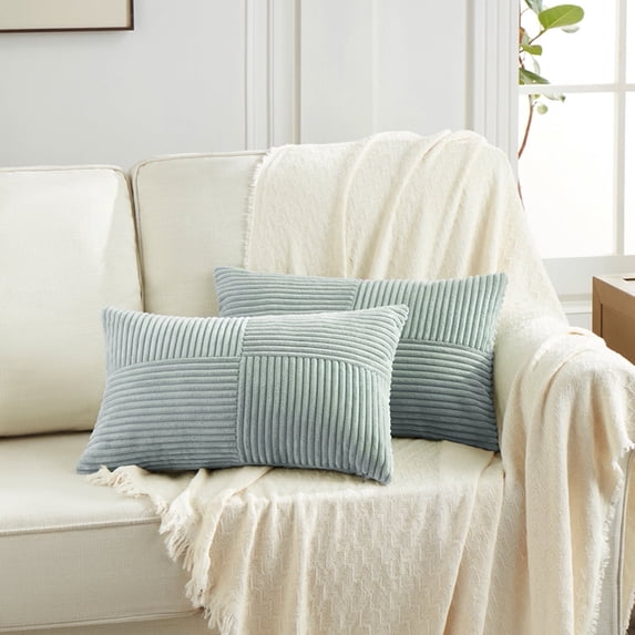Fancy Homi 2 Packs Grey Blue Lumbar Decorative Throw Pillow Covers 12x20 inch for Couch Bed Sofa, Rustic Farmhouse Boho Home Decor, Soft Striped Corduroy Rectangle Accent Cushion Case 30x50 cm