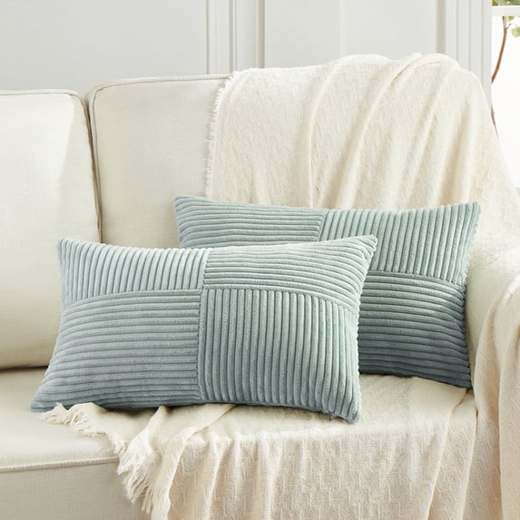 Fancy Homi 2 Packs Grey Blue Lumbar Decorative Throw Pillow Covers 14x24 inch for Couch Bed Sofa, Rustic Farmhouse Boho Home Decor, Soft Striped Corduroy Rectangle Accent Cushion Case 35x60 cm