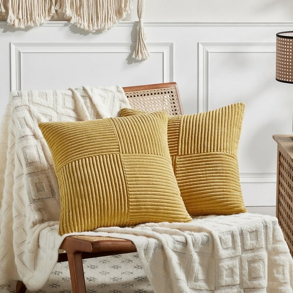 Fancy Homi 2 Packs Mustard Yellow Decorative Throw Pillow Covers 16x16 inch for Living Room Couch Bed, Rustic Farmhouse Boho Home Decor, Soft Corss Patchwork Corduroy Textured Cushion Case 40x40 cm