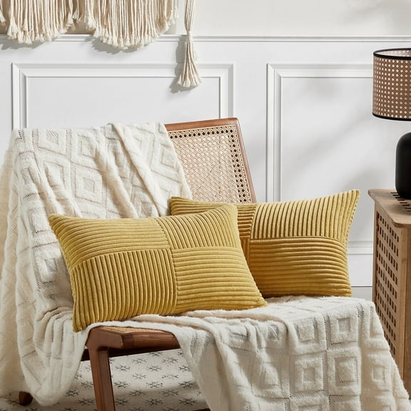 Fancy Homi 2 Packs Mustard Yellow Lumbar Decorative Throw Pillow Covers 12x20 inch for Living Room Couch Bed, Rustic Farmhouse Boho Home Decor, Soft Striped Corduroy Rectangle Accent Cushion Case