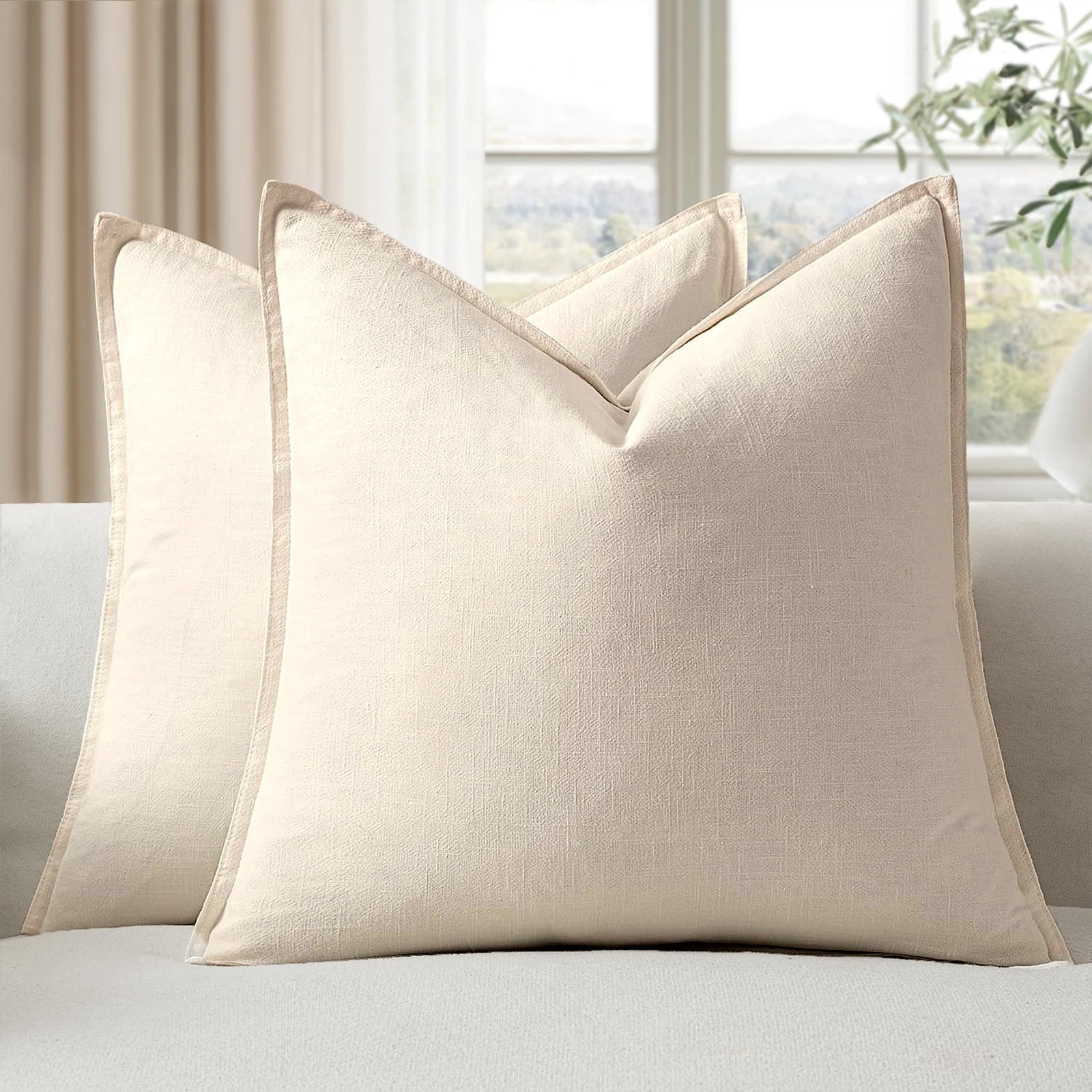 Fancy Homi 2 Packs Natural Beige Decorative Linen Soild Throw Pillow Covers 20x20 inch for Living Room Couch Bed sofa, soft Square Farmhouse Vintage Cushion Cases Modern Home Décor, Cream 50x50 cm