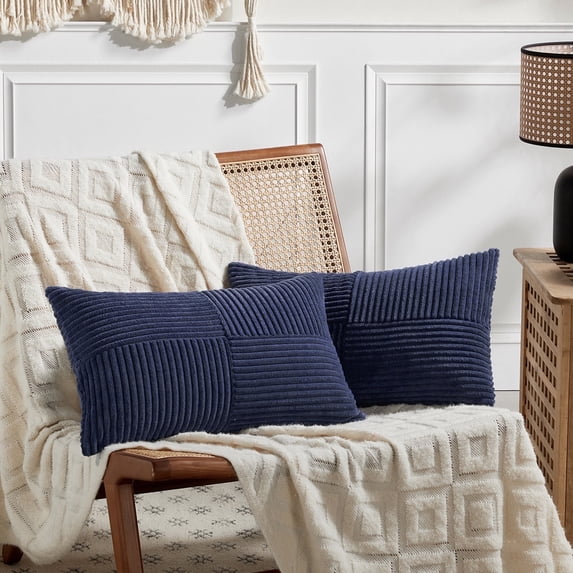 Fancy Homi 2 packs Navy Blue Lumbar Decorative Throw Pillow Covers 12x20 inch for Living Room Couch, Rustic Farmhouse Boho Home Decor, Soft Striped Corduroy Rectangle Accent Cushion Case 30x50 cm