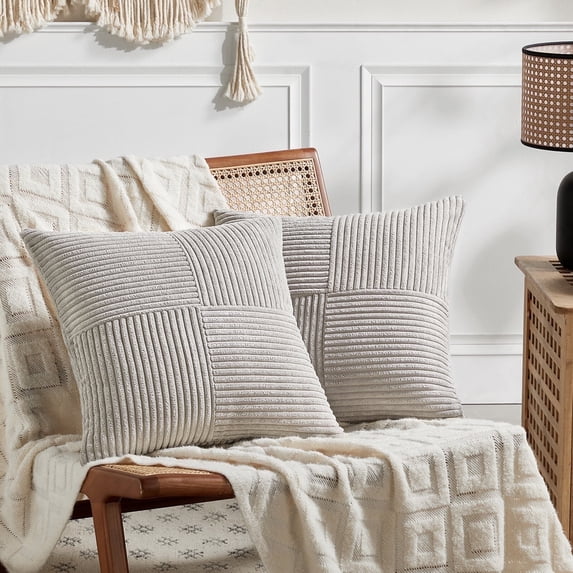 Fancy Homi 2 packs Neutral Grey Decorative Throw Pillow Covers 20x20 inch for Living Room Couch Bed Sofa, Farmhouse Boho Home Decor, Soft Corss Corduroy Patchwork Accent Square Cushion Case 50x50 cm