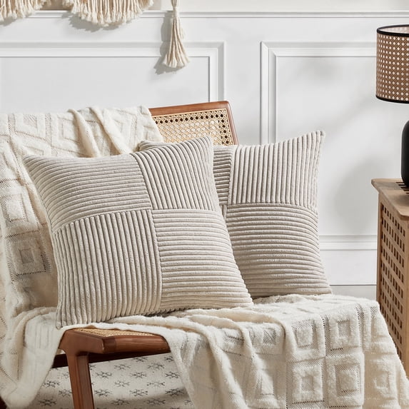 Fancy Homi 2 Packs Neutral Taupe Big Decorative Throw Pillow Covers 24x24 Inch for Couch Bed Sofa, Rustic Farmhouse Boho Home Decor, Soft Corss Corduroy Patchwork Accent Square Cushion Case 60x60 cm