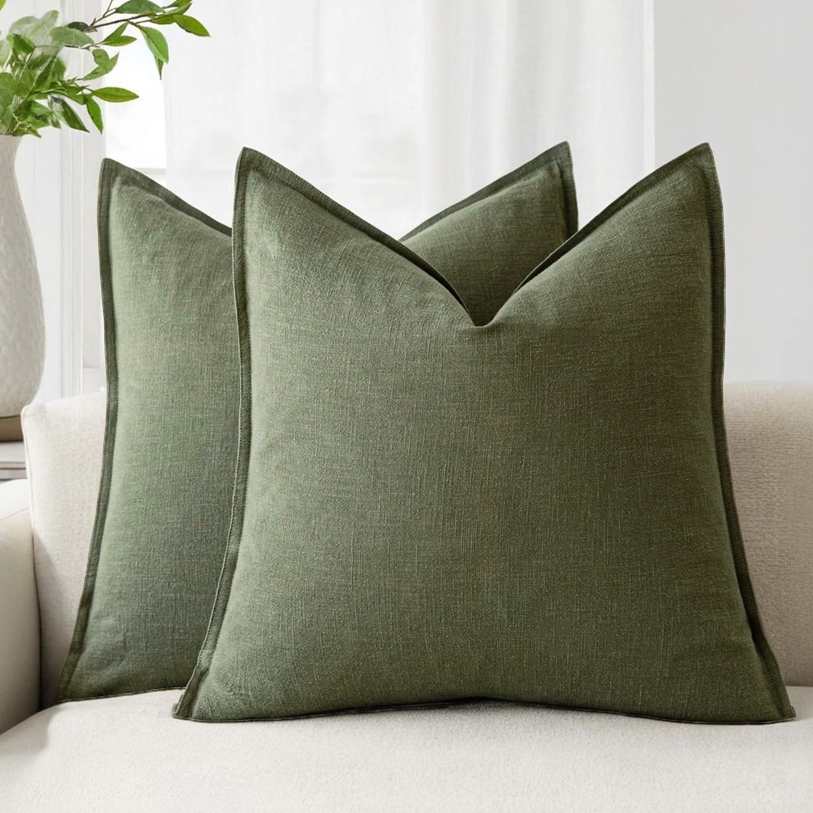 Fancy Homi 2 Packs Olive Green Decorative Linen Soild Throw Pillow Covers 20x20 inch for Living Room Couch Bed sofa, soft Square Farmhouse Vintage Cushion Cases Modern Home Décor, 50x50 cm