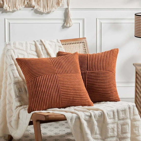 Fancy Homi 2 packs Rust Boho Decorative Throw Pillow Covers 18x18 Inch for Couch Bed Sofa, Farmhouse Fall Home Decor, Soft Corss Corduroy Patchwork Textured Terracotta Accent Cushion Case 45x45 cm