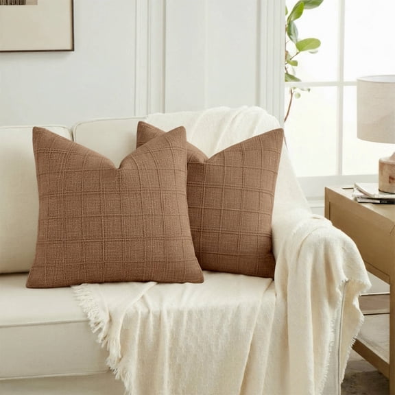 Fancy Homi 2 Packs Rust Fall Boho Linen Check Decorative Throw Pillow Covers 18×18 inch for Sofa Chair Couch Bedroom Living Room, Neutral Farmhouse Vintage Cushion Cases Modern Home Decor, 45 cm