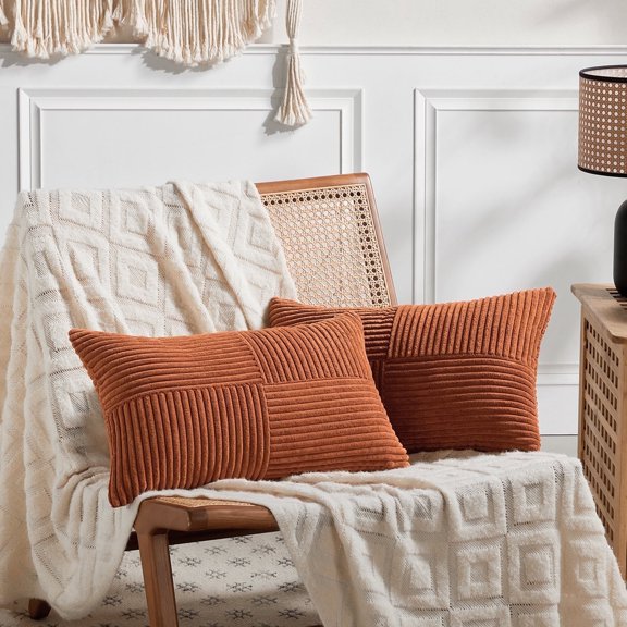 Fancy Homi 2 Packs Rust Lumbar Decorative Throw Pillow Covers 12x20 inch for Couch Bed Sofa, Rustic Farmhouse Boho Home Decor, Soft Striped Corduroy Rectangle Accent Terracotta Cushion Case 30x50 cm