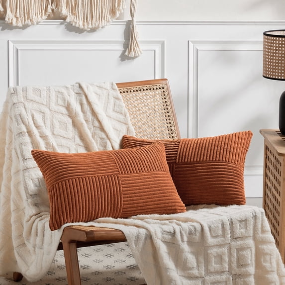 Fancy Homi 2 Packs Rust Lumbar Decorative Throw Pillow Covers 14x24 Inch for Couch Bed Sofa, Rustic Farmhouse Boho Home Decor, Soft Striped Corduroy Rectangle Accent Terracotta Cushion Case 35x60 cm