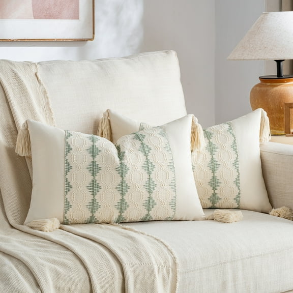 Fancy Homi 2 Packs Sage Green Boho Lumbar Decorative Throw Pillow Covers 12x20 inch for Living Room Bedroom Couch Bed Chair, Rustic Retro Cushion Case with Tassels, Bohemian Farmhouse Room Home Decor