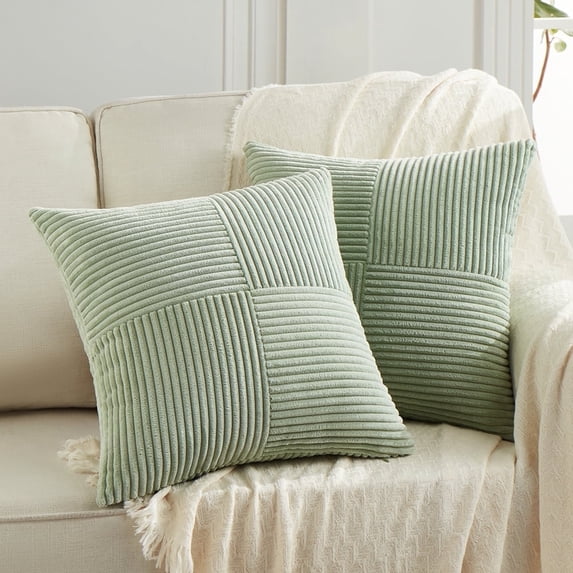Fancy Homi 2 Packs Sage Green Decorative Throw Pillow Covers 20x20 inch for Living Room Couch Bed Sofa, Farmhouse Boho Home Decor, Soft Corss Corduroy Patchwork Accent Square Cushion Case 50x50 cm